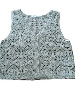 Devoted Pure Cotton Crochet Button-Front Crop Vest in Sage